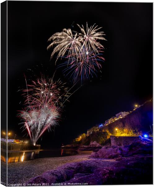 Looe fireworks from within the harbour Canvas Print by Jim Peters