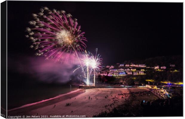 Looe fireworks on the Banjo Pier Canvas Print by Jim Peters