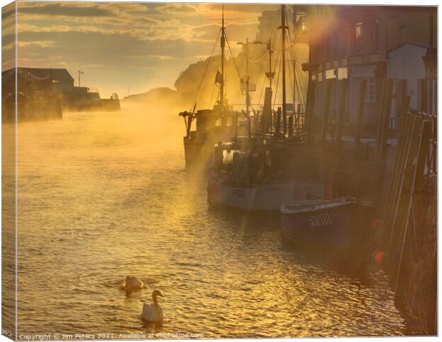 Misty morning Looe Harbour Canvas Print by Jim Peters