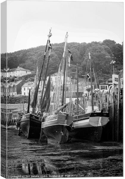 Looe Lugger regatta with Ripple, Maggie and  Erin moored up on West Looe quay at Low water black and white  Canvas Print by Jim Peters