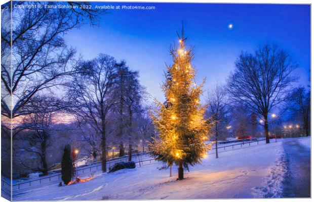 Illuminated Christmas Tree at Uskela Church, Finla Canvas Print by Taina Sohlman