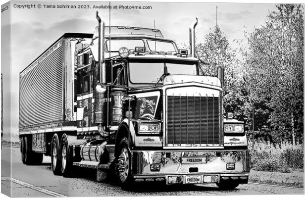Classic American Semi Trailer Truck in BW Canvas Print by Taina Sohlman