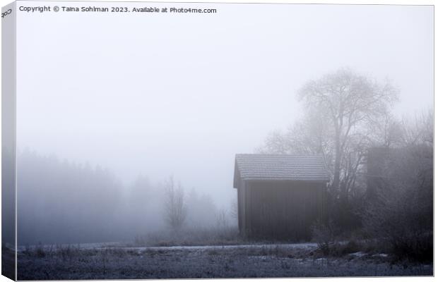 Old Barn on a Foggy Winter Morning Canvas Print by Taina Sohlman