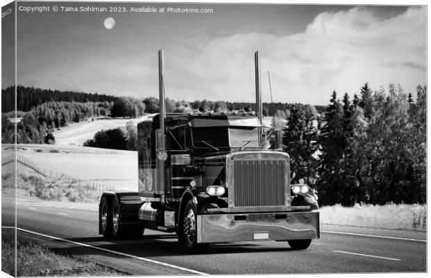 Classic American Truck on Highway Monochrome Canvas Print by Taina Sohlman