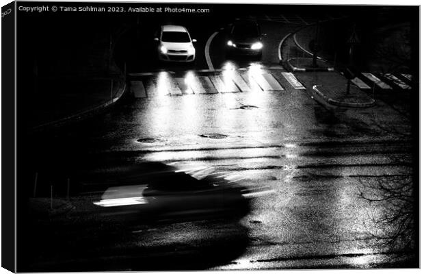 Cars in City at Night, Black and White Canvas Print by Taina Sohlman