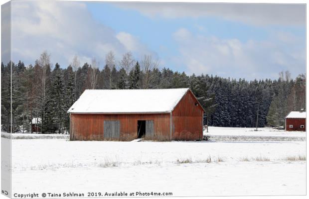 Red Barn in Winter Canvas Print by Taina Sohlman