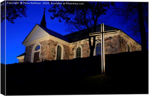 Illuminated Cross and Uskela Church Canvas Print by Taina Sohlman