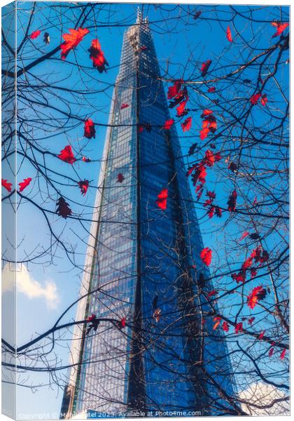 The Shard tower in London framed through branches and autumn leaves Canvas Print by Mehul Patel