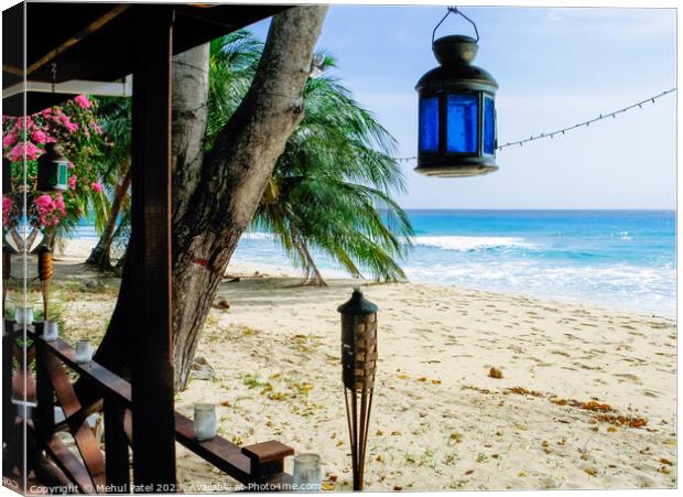 View of beach and Caribbean Sea from patio - Barbados Canvas Print by Mehul Patel