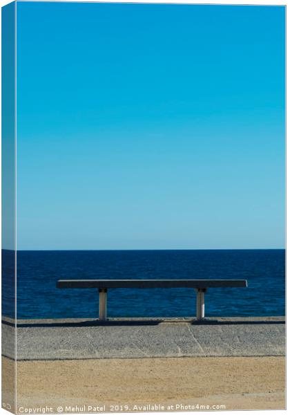 Bench with sea view at Platja del Bogatell, Barcel Canvas Print by Mehul Patel