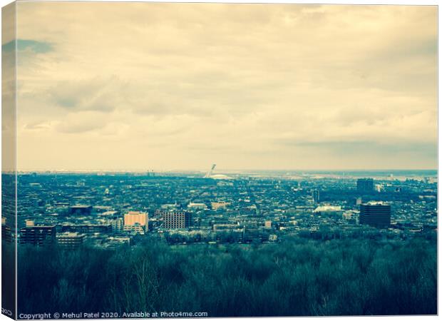 View of the city of Montreal with the Olympic Stadium (centre) in the distance, Montreal, Canada - cross process effect Canvas Print by Mehul Patel