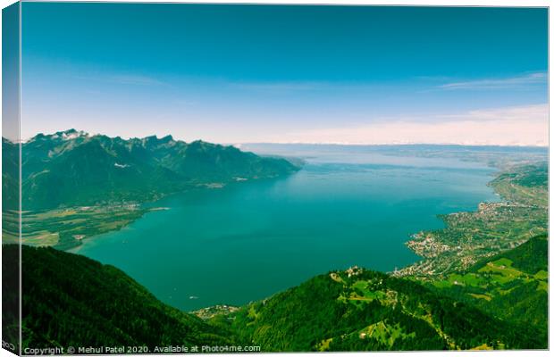 Viewpoint from Rochers-de-Naye overlooking Lake Geneva and town of Montreux, Switzerland Canvas Print by Mehul Patel