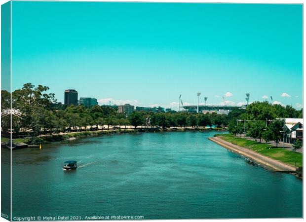 Split toned image of the Yarra river with the Melbourne Cricket Ground in the distance. Digital paintbrush effect applied to image. Canvas Print by Mehul Patel