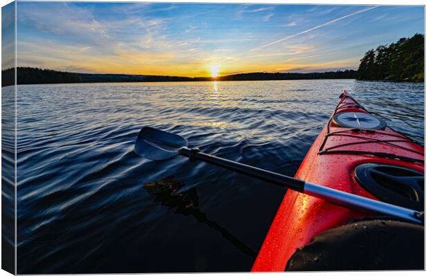 red plastic kayak on calm water in the sunset Canvas Print by Jonas Rönnbro