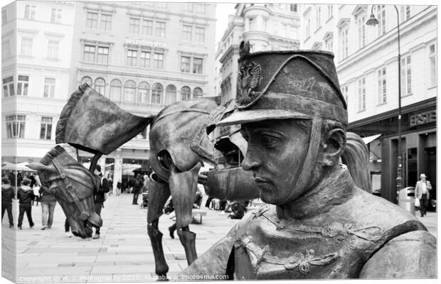 Iron Horse and Man Soldier - Art Installation at Graben Street in Vienna, Austria. Canvas Print by M. J. Photography