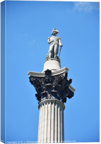 The statue of Admiral Nelson that sits ontop of Nelson's Column  Canvas Print by M. J. Photography