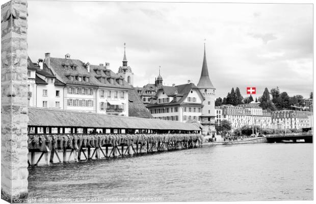 Famous Chapel bridge in Lucerne in a beautiful summer day,  Canvas Print by M. J. Photography