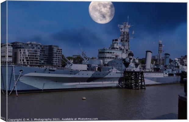 The Moon over HMS Belfast -Town-class light cruise Canvas Print by M. J. Photography