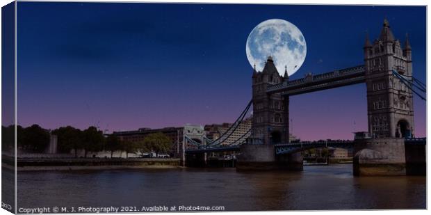 The Moon over the Tower bridge in London Canvas Print by M. J. Photography