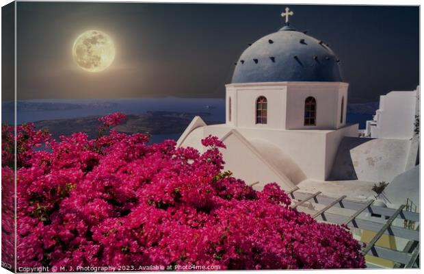 Large Moon over Santorini island in Greece  Canvas Print by M. J. Photography
