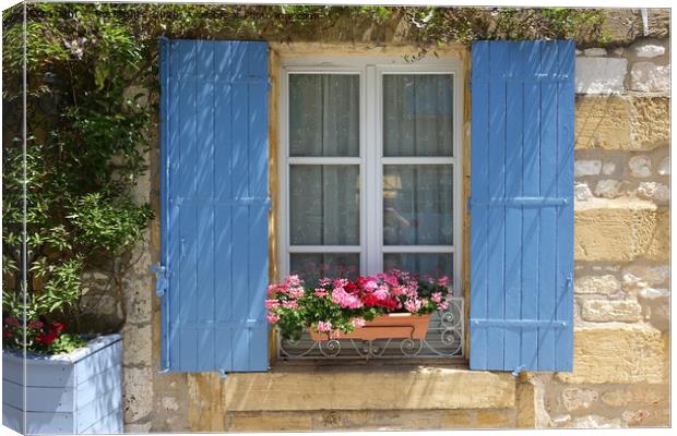 Window with blue shutters and window box of flowers Canvas Print by Rocklights 