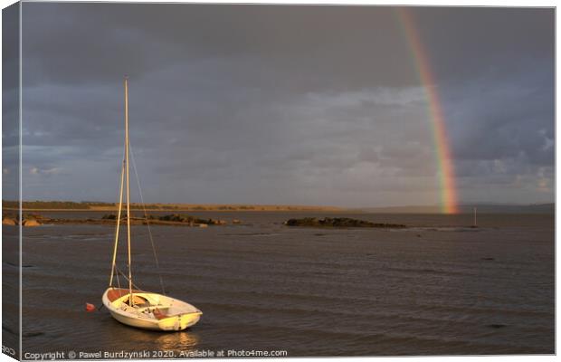 A small boat in a body of water Canvas Print by Pawel Burdzynski