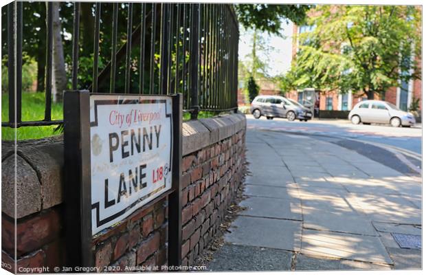 Penny Lane, Liverpool Canvas Print by Jan Gregory