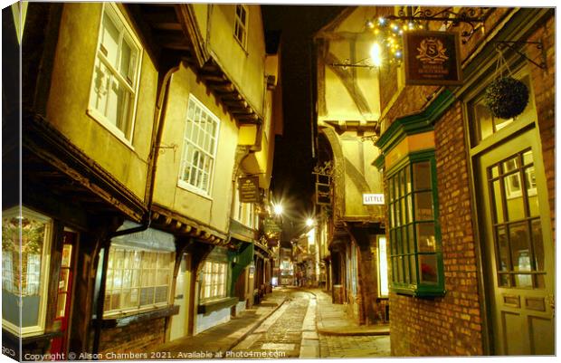 York Shambles by Night Canvas Print by Alison Chambers