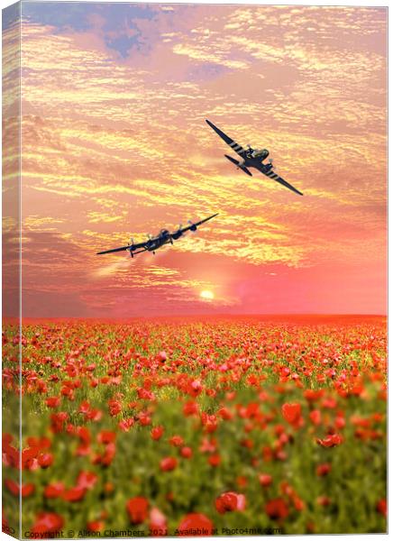 Lancaster and Dakota over Poppy Field Canvas Print by Alison Chambers