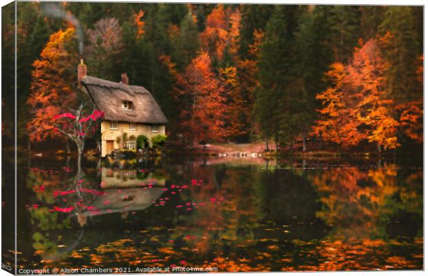 Cottage At Autumn Glory Lake Canvas Print by Alison Chambers