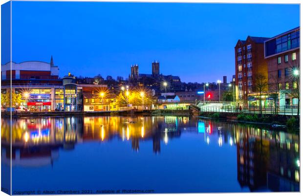 Lincoln Brayford Waterfront At Night Canvas Print by Alison Chambers