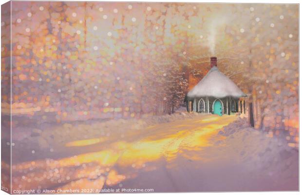 Snowy Woodland Cottage Canvas Print by Alison Chambers
