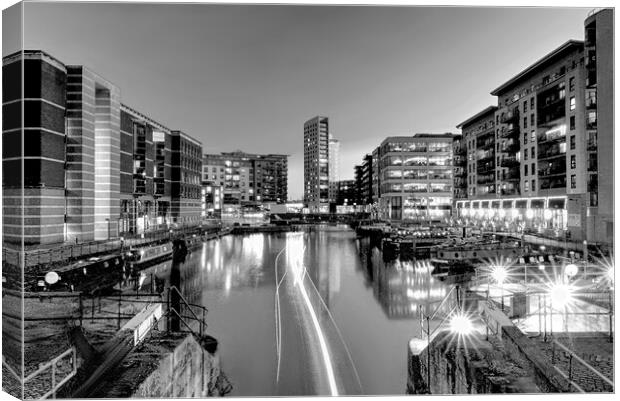 Leeds Dock Light Trails Monochrome  Canvas Print by Alison Chambers