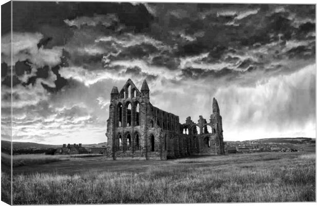 Whitby Abbey Storm Clouds Monochrome  Canvas Print by Alison Chambers