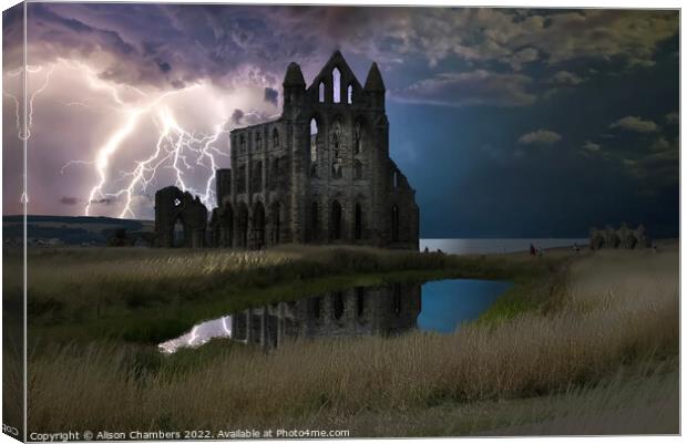 Whitby Abbey Lightning Storm Canvas Print by Alison Chambers