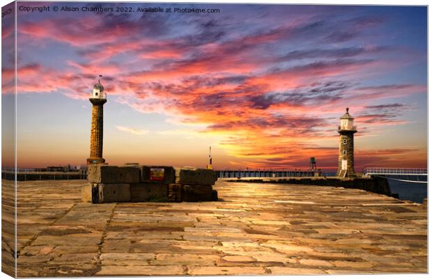 Whitby Pier Sunset Canvas Print by Alison Chambers