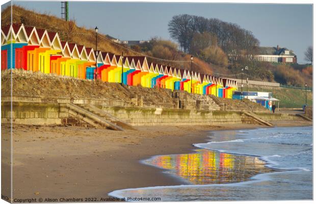 Scarborough Beach Huts Reflection Canvas Print by Alison Chambers