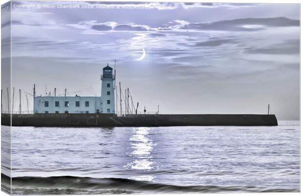 Moonlit Scarborough Lighthouse  Canvas Print by Alison Chambers