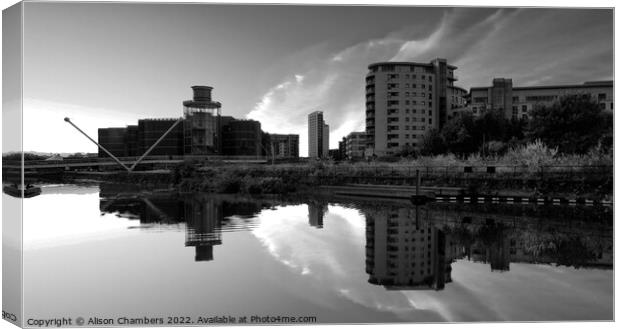 Leeds River Aire Sunrise Monochrome  Canvas Print by Alison Chambers