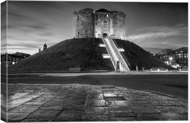 Cliffords Tower At Night Monochrome  Canvas Print by Alison Chambers