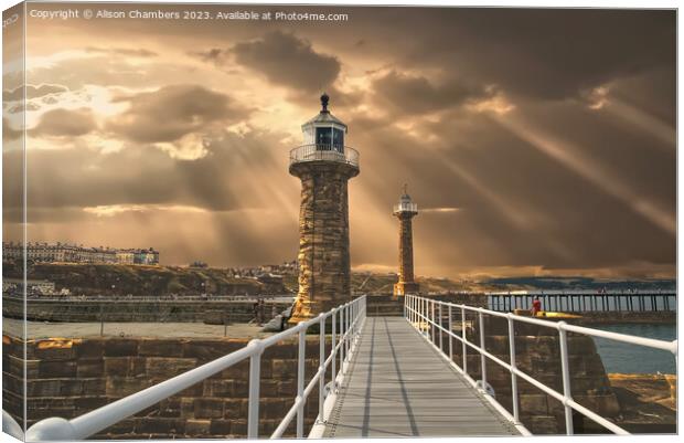 Whitby Harbour Lighthouses Canvas Print by Alison Chambers