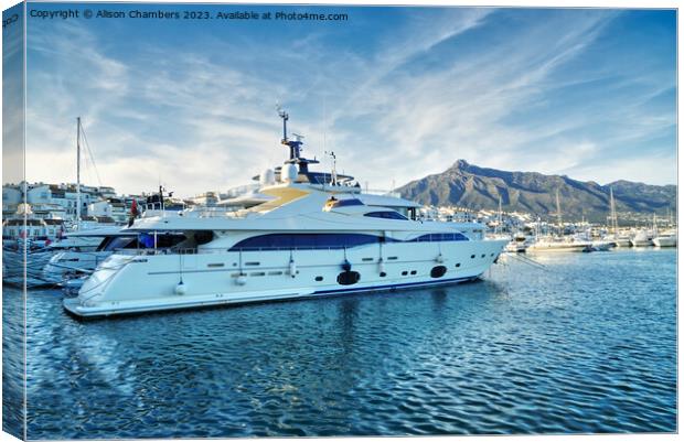 Puerto Banus Super Yacht Canvas Print by Alison Chambers