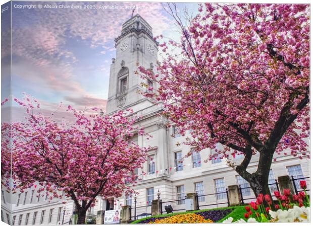 Barnsley Town Hall Cherry Blossom Canvas Print by Alison Chambers