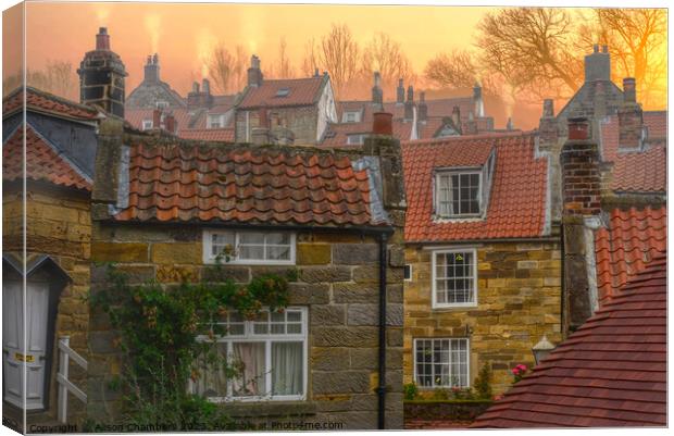 Morning Mist in Robin Hoods Bay Canvas Print by Alison Chambers