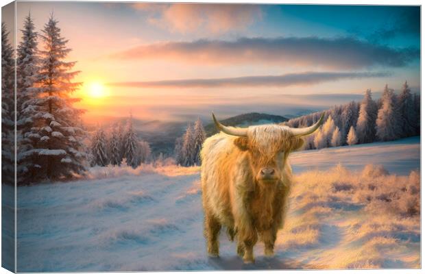 Winter Sunrise Highland Cow Canvas Print by Alison Chambers