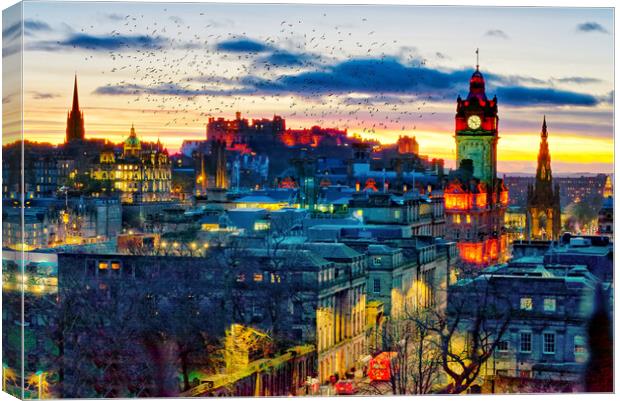 Edinburgh Sunset Starlings Canvas Print by Alison Chambers