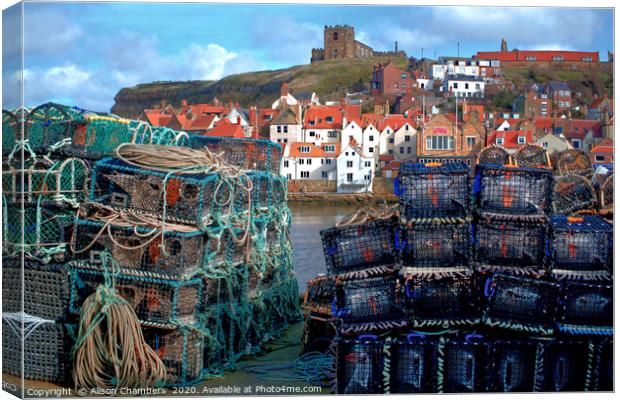 Whitby Harbour and Lobster Baskets Canvas Print by Alison Chambers