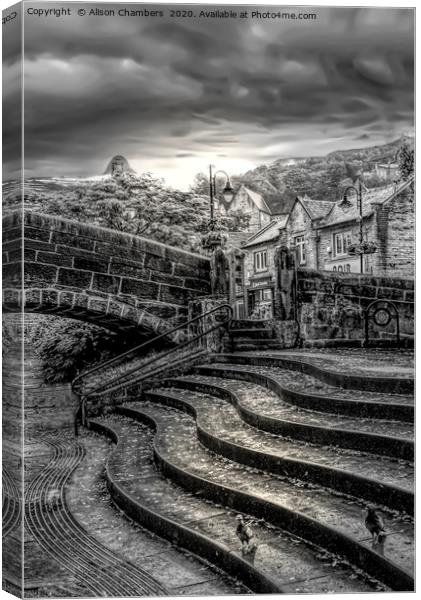 Hebden Old Bridge and Steps Canvas Print by Alison Chambers