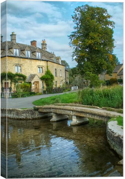 Lower Slaughter Footbridge  Canvas Print by Alison Chambers