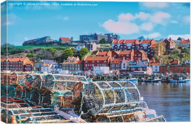 Whitby Harbour Fishing Baskets Canvas Print by Alison Chambers